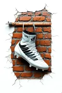 Football boots hanging on a nail against a cracked brick wall tattoo design idea