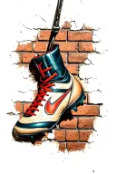 Football boots hanging on a nail against a cracked brick wall tattoo design idea