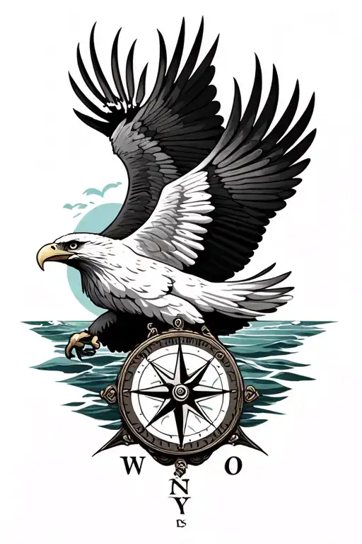 eagle soaring over sea with a compass tattoo design idea
