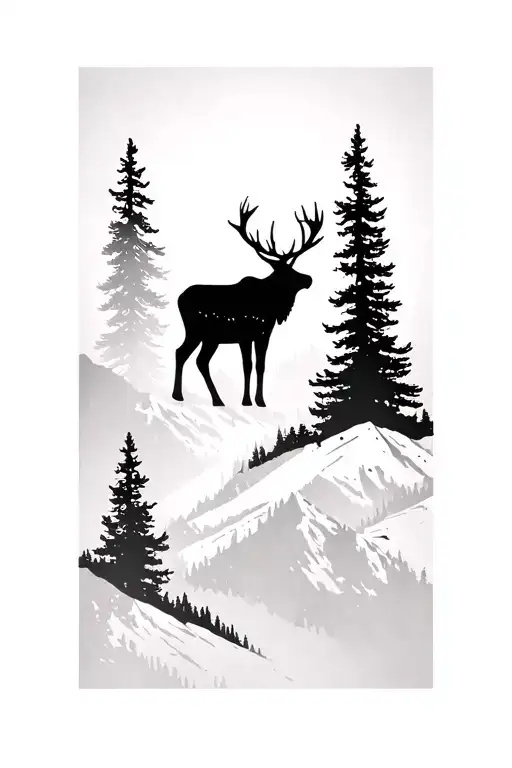 elk trees mountain landscape tattoo design idea