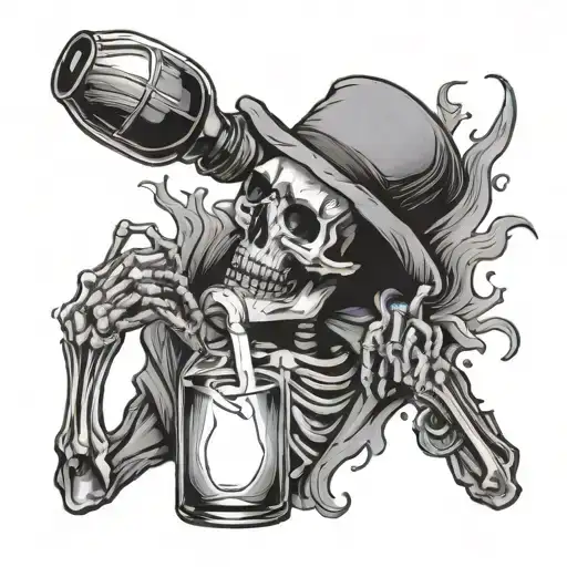 scary skeleton drinking bottle of booze.,  his soul ascending from the bottle tattoo design idea