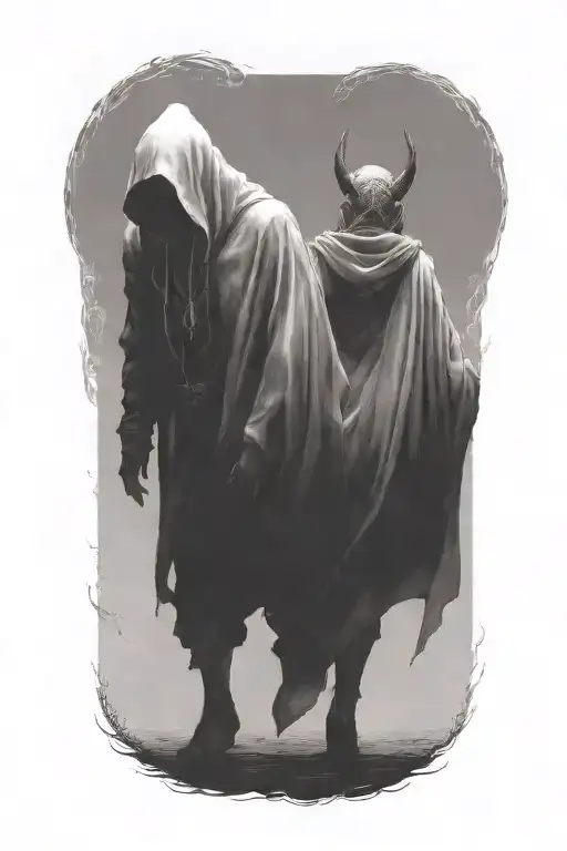 a woman and a huge hooded demon beast walking away together tattoo design idea