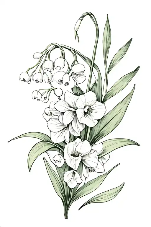 Lily of the valley, daffodils, hyacinths, sweet Williams, leaves tattoo design idea