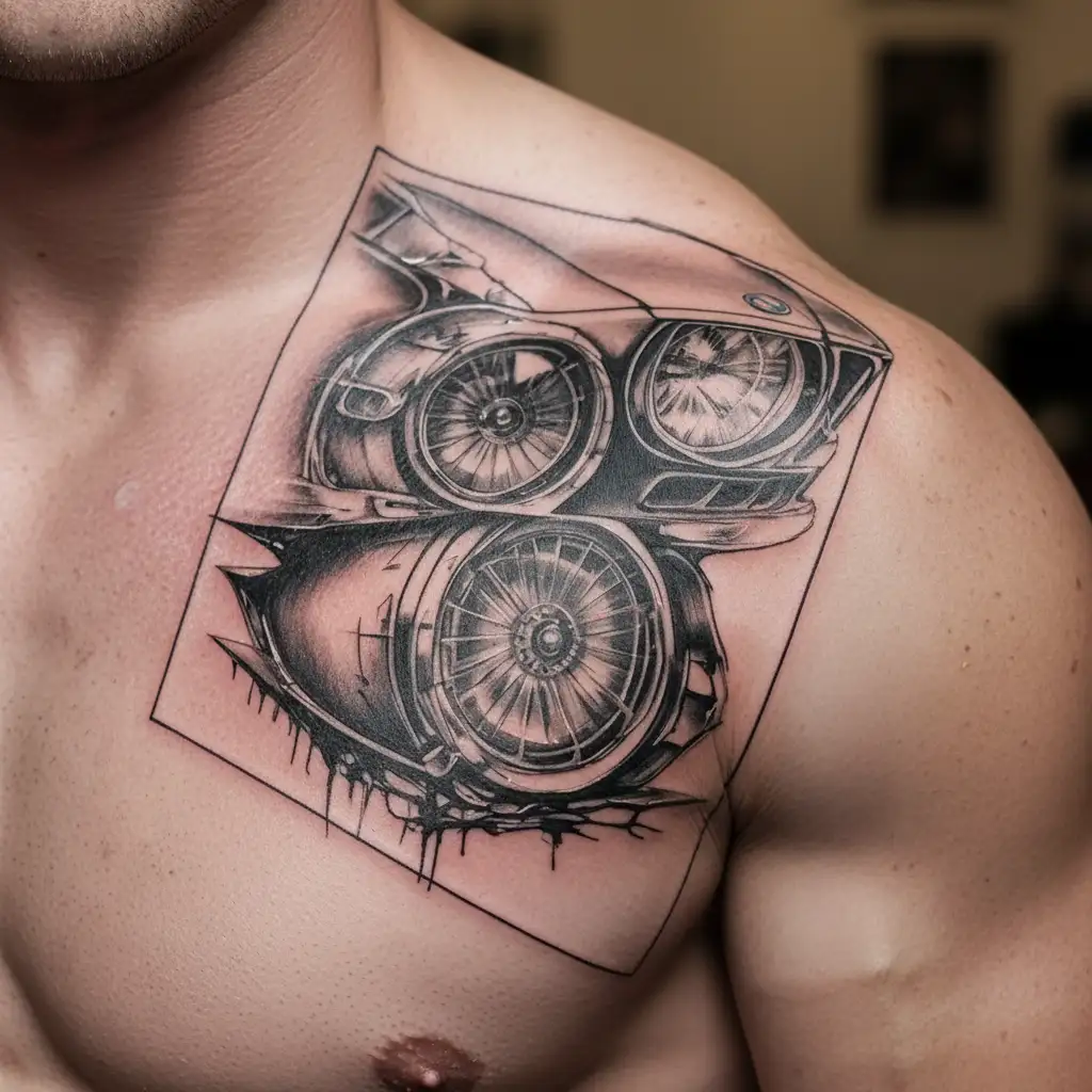 half girls eye half bmw headlight side by side tattoo design idea