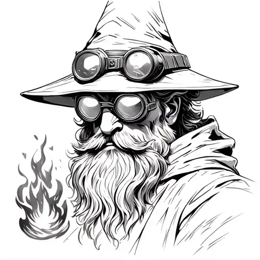 Wizard in welding goggles casting fire tattoo design idea