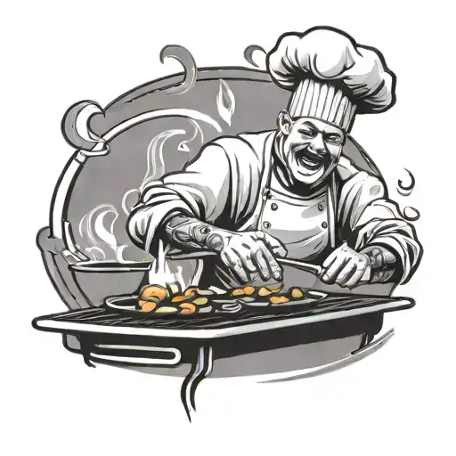A portrait of a chef cooking over an open flame with vegetables sizzling on the grill in black-grey style tattoo design idea