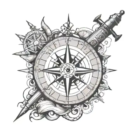 Forearm tattoo,  mark v , a compass , a sea anchor, Cuba island map in the background. Gray shades  tattoo design idea