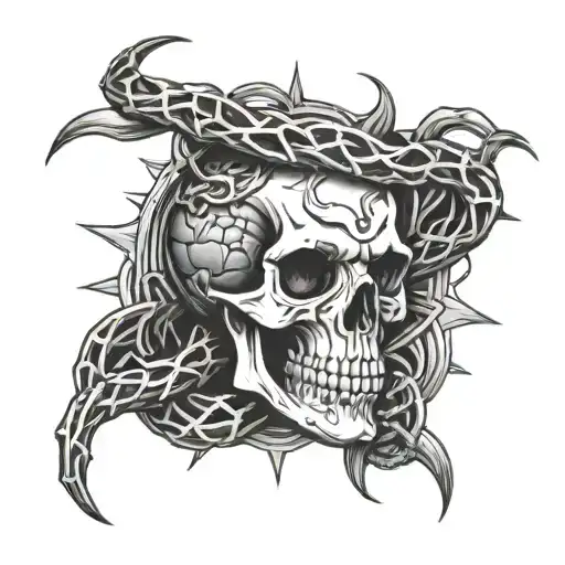 snake through skull in front of cross with crown of thorns on tattoo design idea