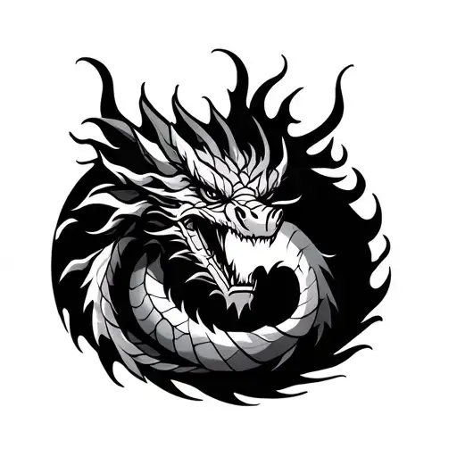 A fierce dragon tattoo in color black and white with shade of gray.  with integration in morning glory, cherry blossom a tattoo design idea