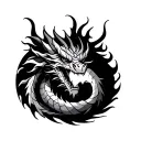 A fierce dragon tattoo in color black and white with shade of gray.  with integration in morning glory, cherry blossom a tattoo design idea