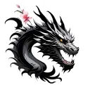 A fierce dragon tattoo in color black and white with shade of gray.  with integration in morning glory, cherry blossom a tattoo design idea