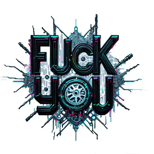 "Fuck you" Biomechanics, metal parts, gears, pipes, wires, torn skin effect,  realism, black and gray color scheme.  tattoo design idea