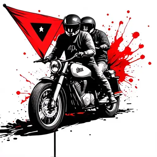 Create an image with details showing 2 people sitting on a motorbike, holding a triangle flag, and traveling on the diff tattoo design idea