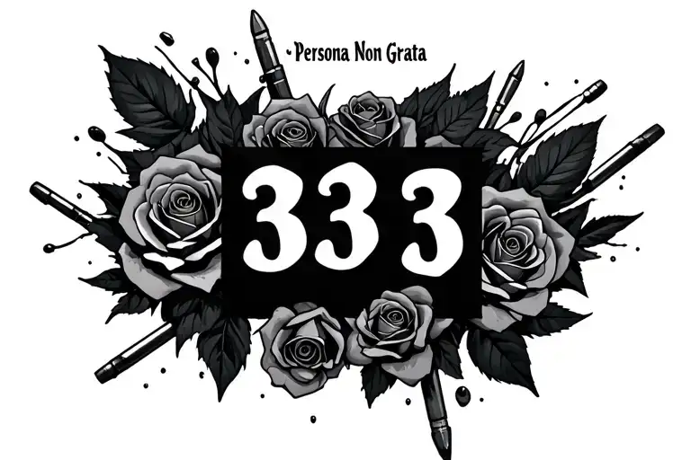 "Persona Non Grata " roses, bullet wounds and the number 333 tattoo design idea