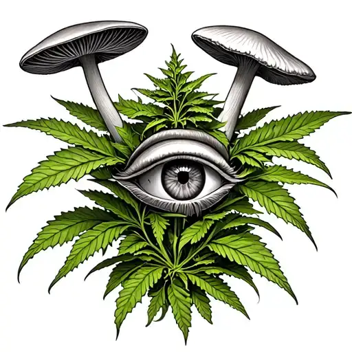 weed plant, mushrooms with an eye tattoo design idea