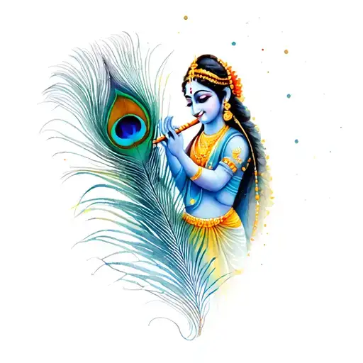 Radha Krishna playing a flute with peacock feather tattoo design idea