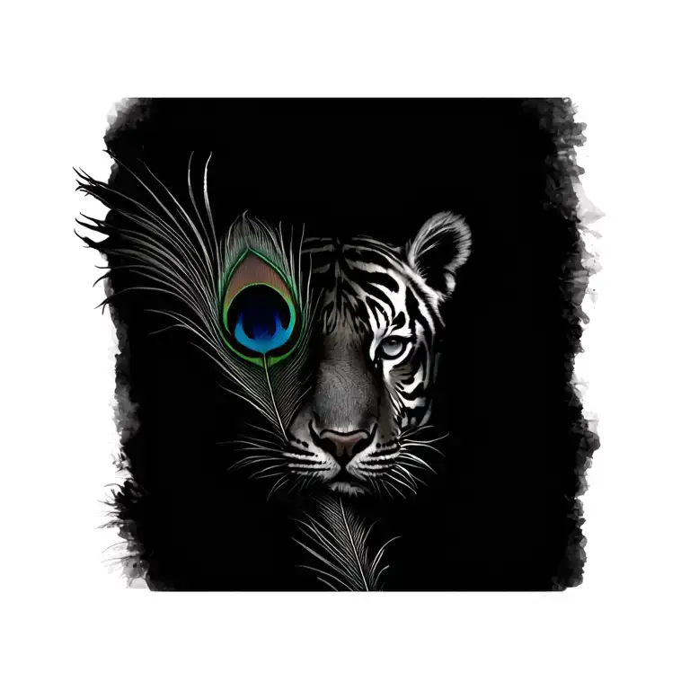 tiger face half hidden by a peacock feather.  tattoo design idea