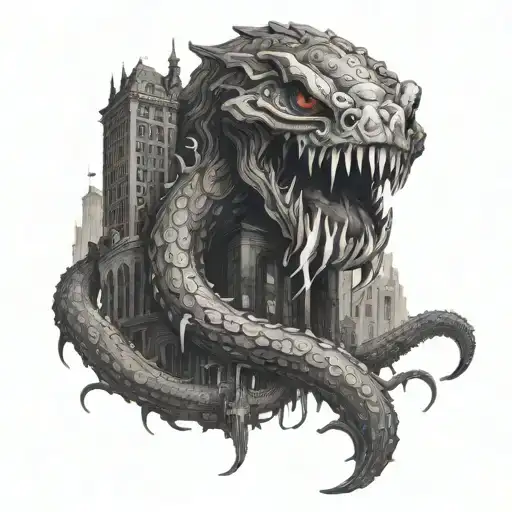 A monstrous creature with fangs and tentacles, looming over a cityscape in a nightmarish scene tattoo design idea