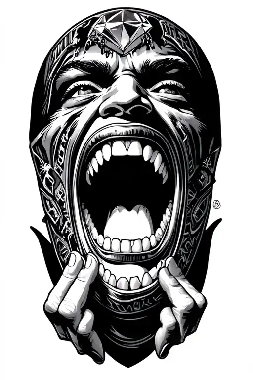 street goon opening mouth with hands showing off diamond grillz with ski mask on tattoo design idea