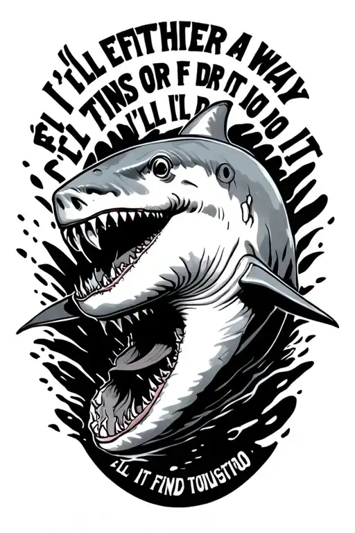 "I'll either find a way or I'll do it" shark swimming tattoo design idea