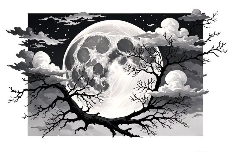 full moon with clouds and tree branches tattoo design idea