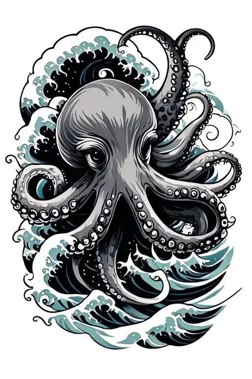 neo japanese waves and octopus tattoo design idea