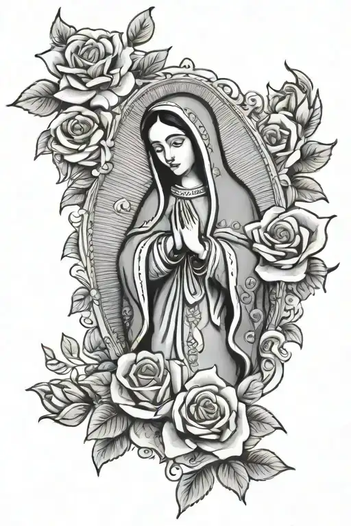 la virgin de Guadalupe Mexican with roses tattoo design idea