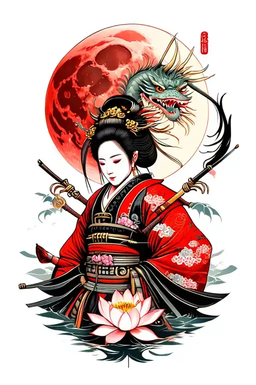samurai warrior with samurai geisha and sakura lotus dragon and red fullmoon tattoo design idea