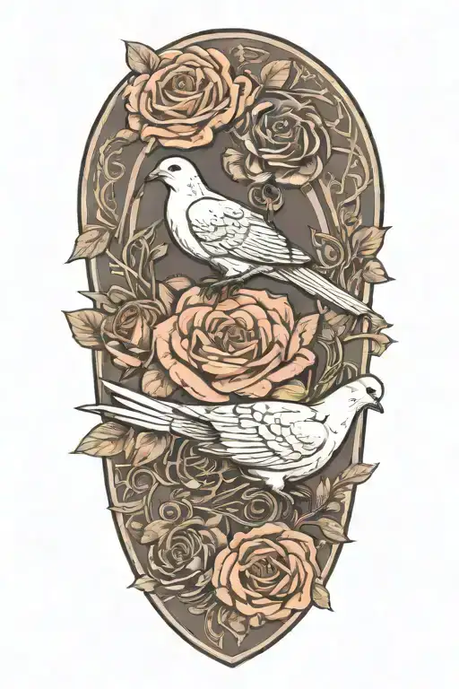 wreath of roses a seated dove perched and army dog tags with chain necklace tattoo design idea