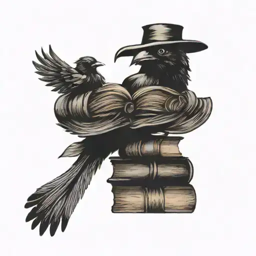 edgar allan poe style tattoo with books and crow tattoo design idea