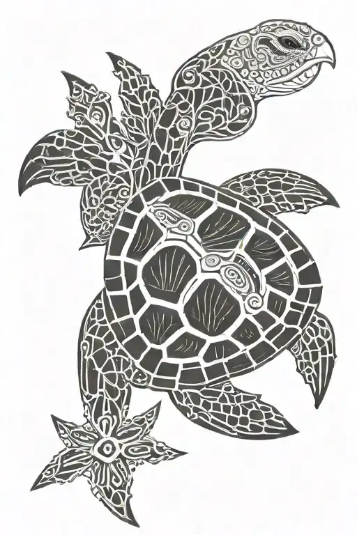 polynesian sea turtle with cross in shell tattoo design idea