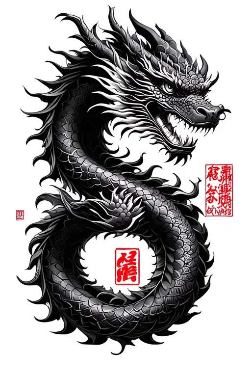 full asian dragon with chinese word for dragon tattoo design idea