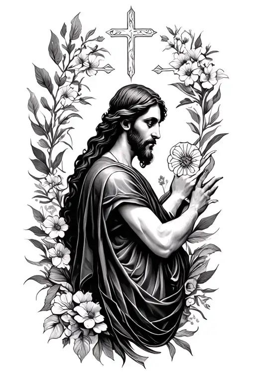 A full arm tattoo that blends my struggle with hunger while growing, my unwavering faith to Jesus, and all my tech ideas tattoo design idea