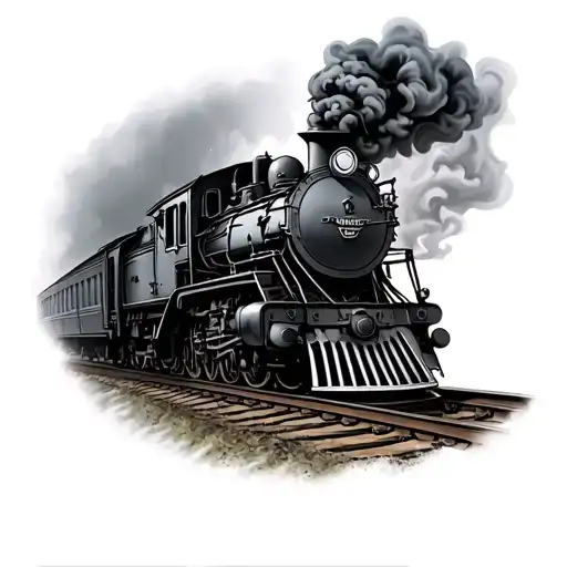 1800s black and grey locomotive on the tracks smoking  tattoo design idea