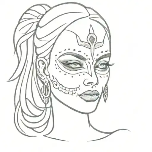  lillith godess with mask of skull  and white eyes tattoo design idea