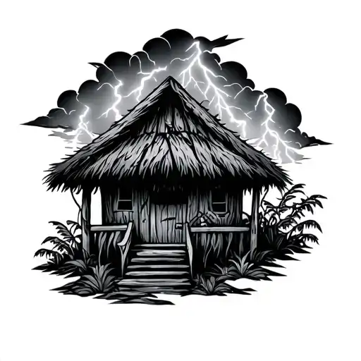 "it takes a villag tattoo with clouds and lightning and a tiki hut silhouette tattoo design idea