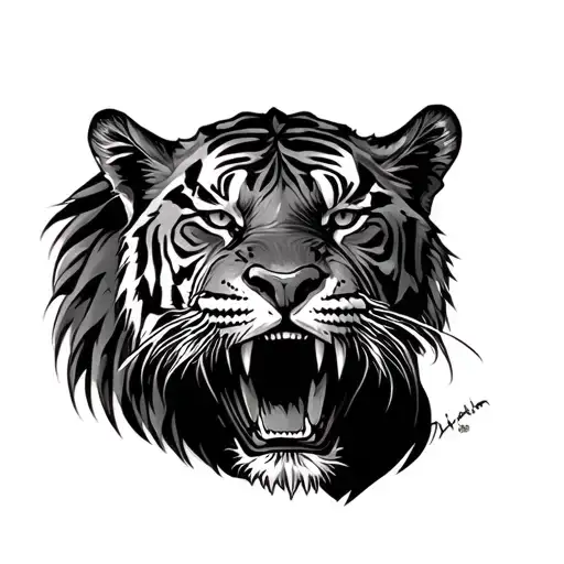 saber-toothed tiger, looking straight ahead, detailed tattoo design idea