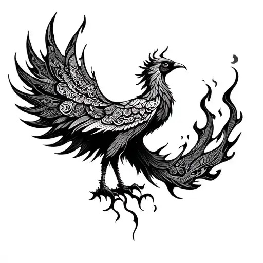 A phoenix emerging from flames transitions into intricate abstract patterns (geometric shapes, mandalas, or cosmic eleme tattoo design idea