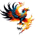 A phoenix emerging from flames transitions into intricate abstract patterns (geometric shapes, mandalas, or cosmic eleme tattoo design idea