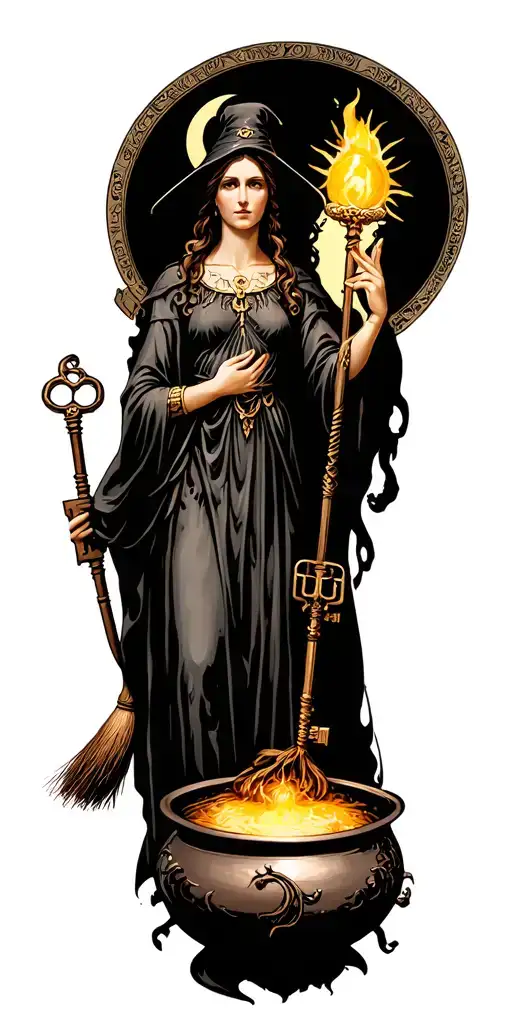 hecate goddess surrounded by key, torch, cauldron, broom, witches hat and sun and moon tarot cards tattoo design idea