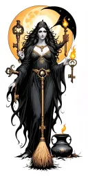 hecate goddess surrounded by key, torch, cauldron, broom, witches hat and sun and moon tarot cards tattoo design idea