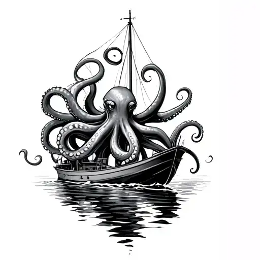 A black-grey tattoo of a giant octopus wrapping its tentacles around a fishing boat tattoo design idea