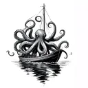 A black-grey tattoo of a giant octopus wrapping its tentacles around a fishing boat tattoo design idea