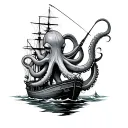 A black-grey tattoo of a giant octopus wrapping its tentacles around a fishing boat tattoo design idea