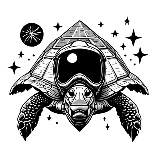 turtle shell with pyramids, motorcycle helmet, mt Fuji, pingu, scuba gear and stars tattoo design idea