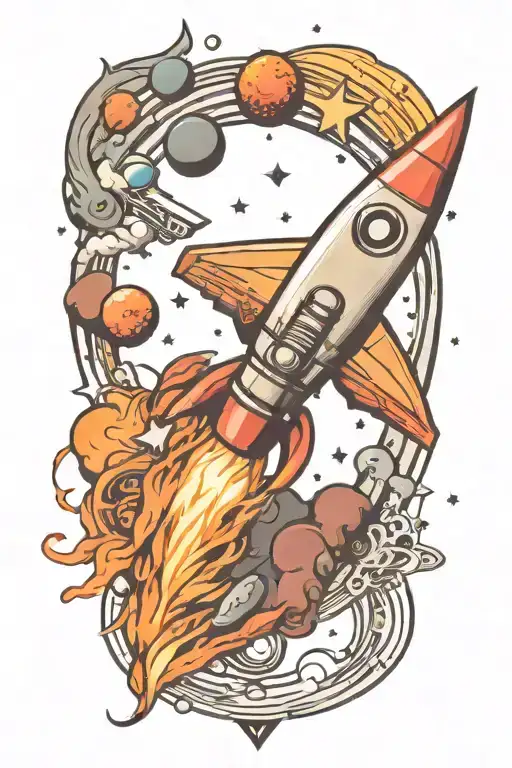 rocketship flying with planets, stars and music notes flowing tattoo design idea