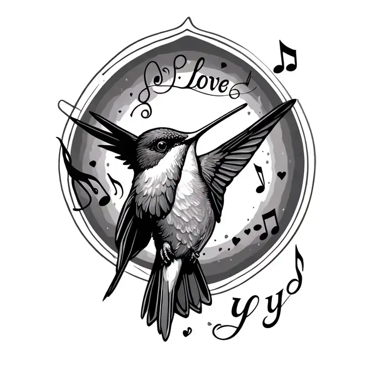 hummingbird with singing music notes saying I love yku tattoo design idea