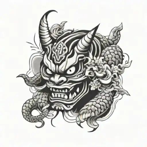 Oni mask with snake, daruma doll and koi forearm sleeve tattoo design idea