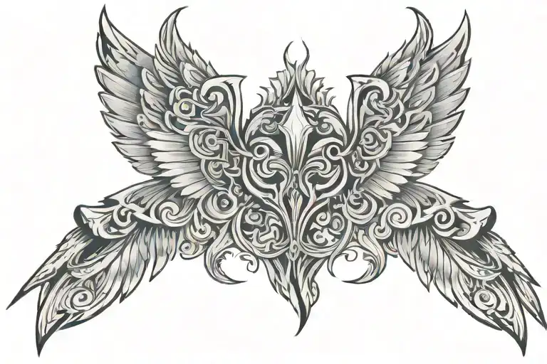 upper back abstract winged defqon tattoo design idea