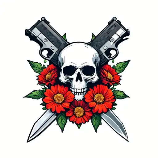 skull from black ops 2 with knife and pistol in emblem surrounded by flowers tattoo design idea